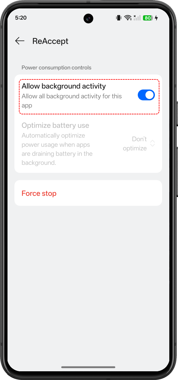Android Battery usage screen with Allow background activity enabled