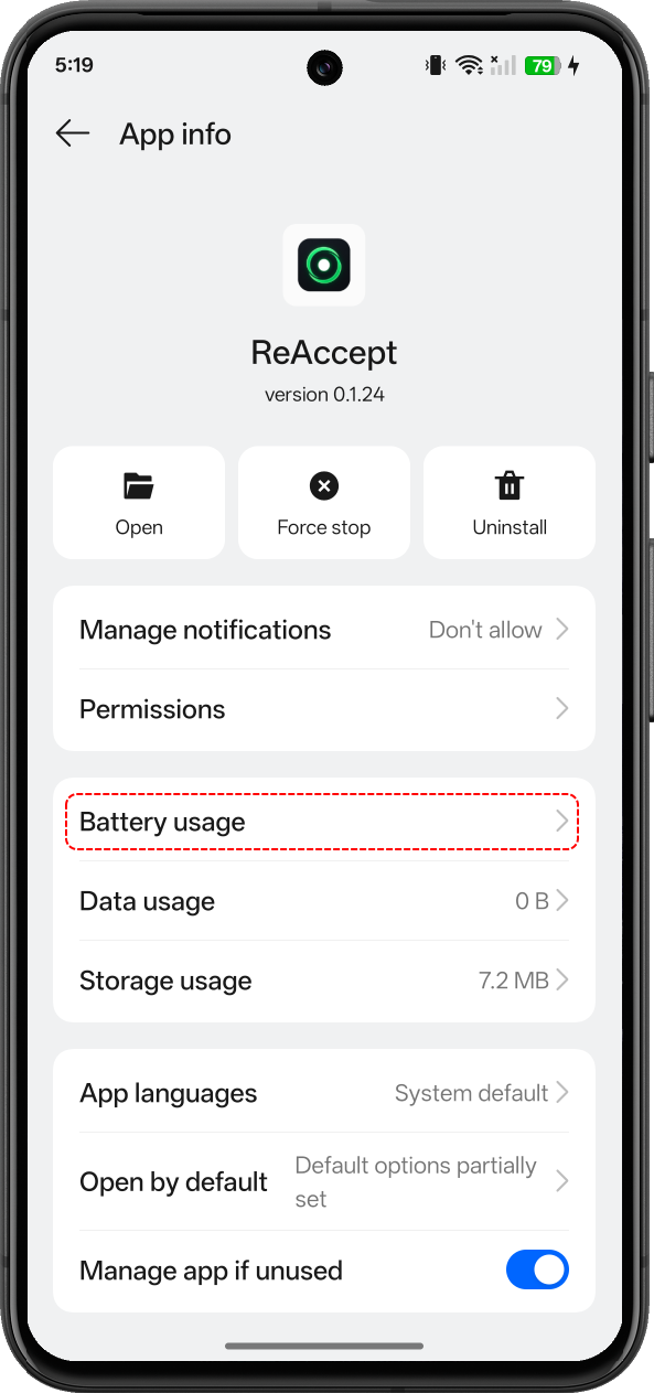 Android App info screen for ReAccept with Battery usage highlighted