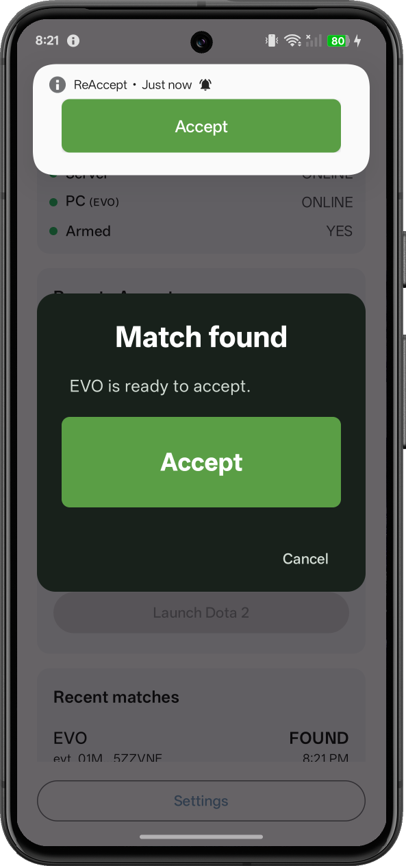 ReAccept phone notification for a match found, with an Accept button