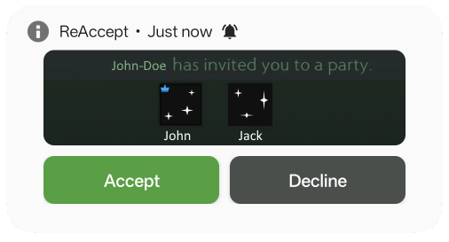 Phone notification showing a party invite, with Accept and Decline actions