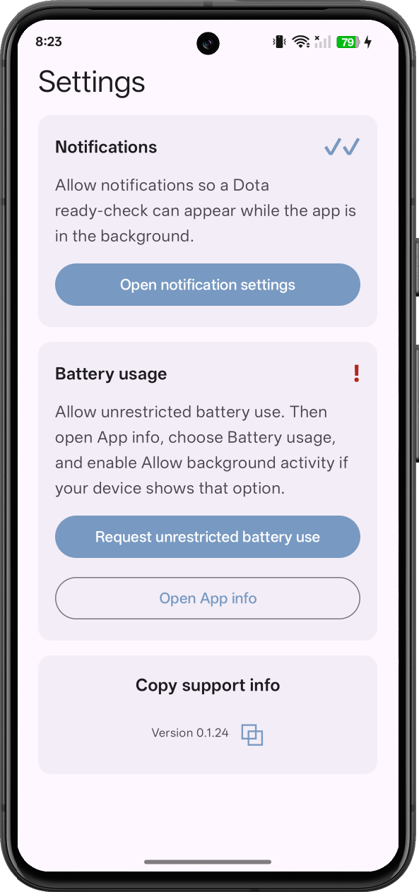ReAccept in-app Settings screen with a Request unrestricted battery use button