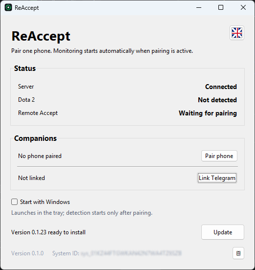 ReAccept desktop app showing server connected and Dota 2 detected