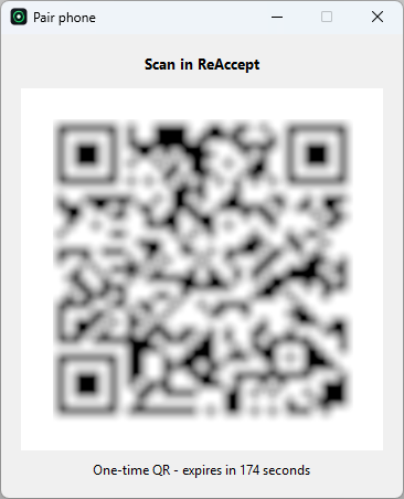One-time pairing QR code shown by the ReAccept desktop app